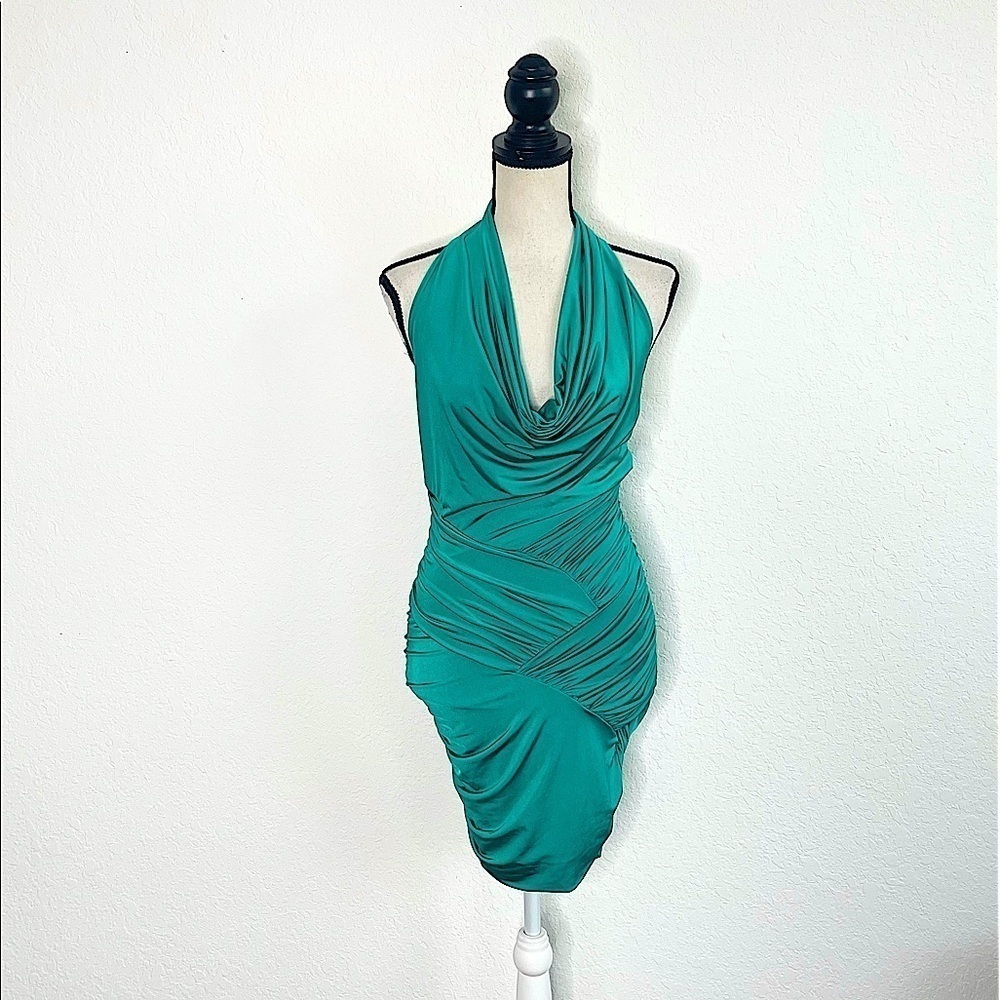 VA VA VOOM Green Draped Neckline Halter Back Sleeveless Bodycon Dress Small